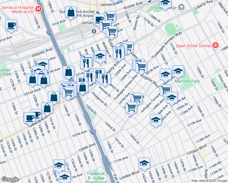 map of restaurants, bars, coffee shops, grocery stores, and more near 145-02 106th Avenue in Queens