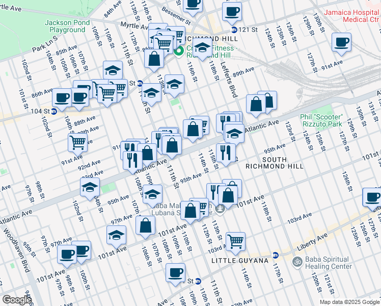 map of restaurants, bars, coffee shops, grocery stores, and more near 94-16 113th Street in Queens