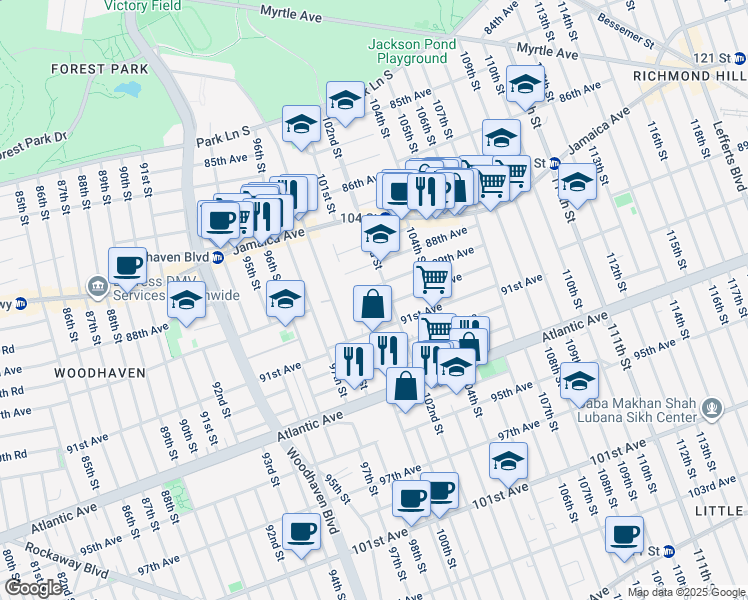 map of restaurants, bars, coffee shops, grocery stores, and more near 100-10 90th Avenue in Queens