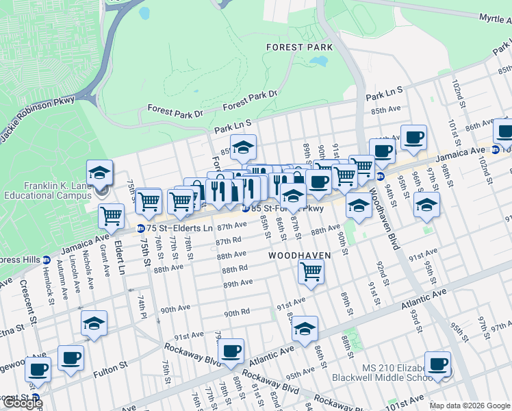 map of restaurants, bars, coffee shops, grocery stores, and more near 80-55 87th Avenue in Queens
