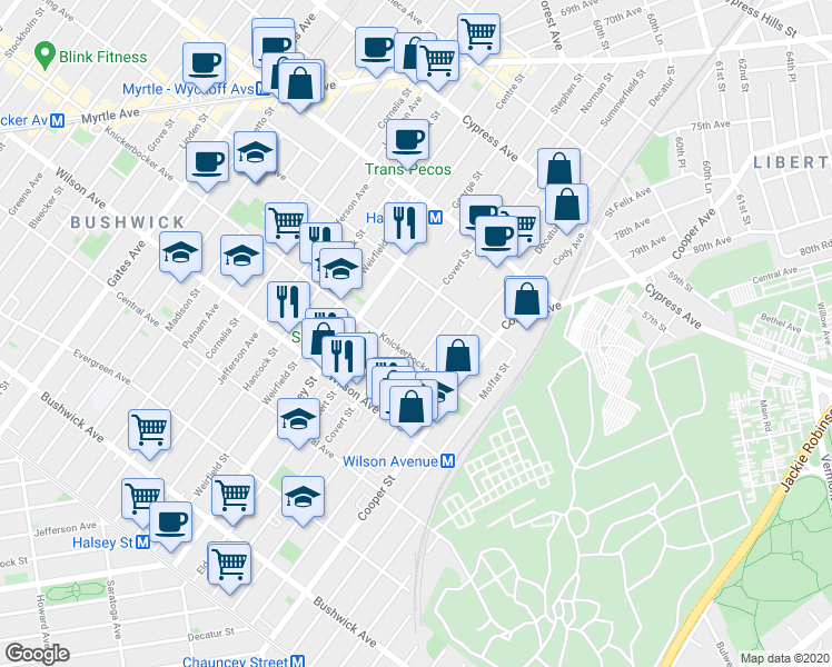 map of restaurants, bars, coffee shops, grocery stores, and more near 830 Knickerbocker Avenue in Brooklyn