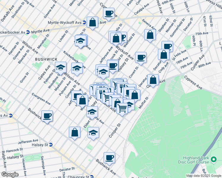 map of restaurants, bars, coffee shops, grocery stores, and more near 273 Eldert Street in Brooklyn