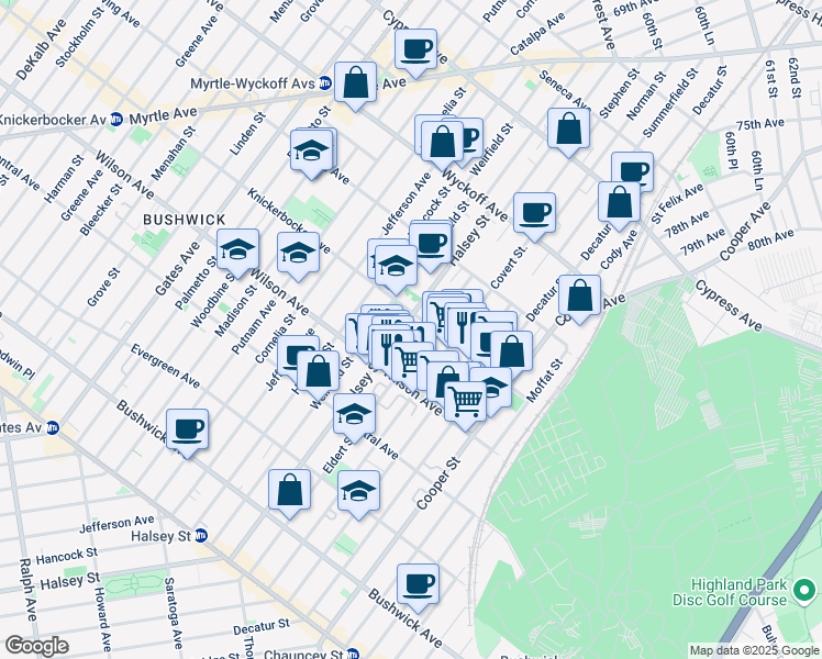 map of restaurants, bars, coffee shops, grocery stores, and more near 273 Eldert Street in Brooklyn