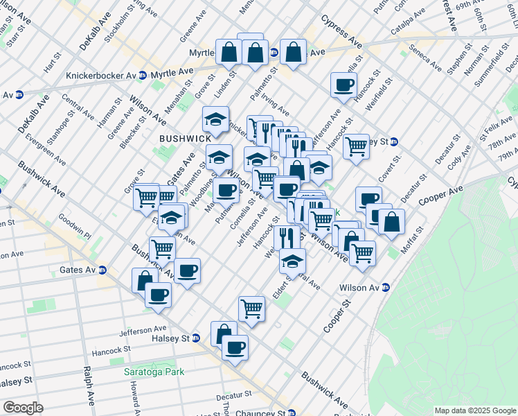 map of restaurants, bars, coffee shops, grocery stores, and more near 1266 Jefferson Avenue in Brooklyn