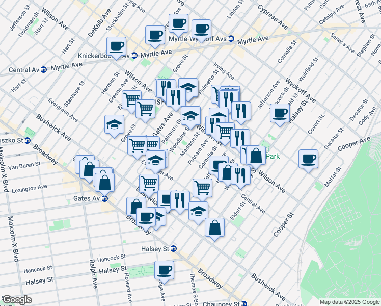 map of restaurants, bars, coffee shops, grocery stores, and more near in Brooklyn