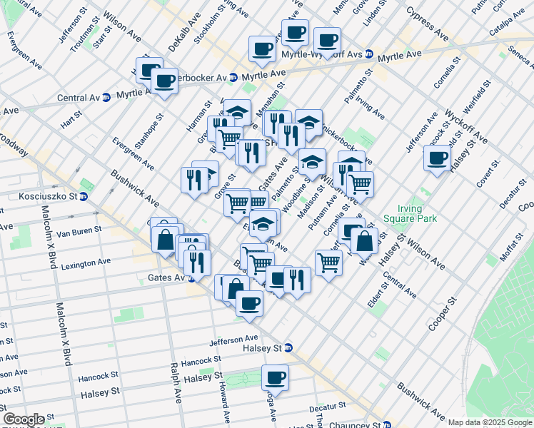 map of restaurants, bars, coffee shops, grocery stores, and more near 122 Woodbine Street in Brooklyn