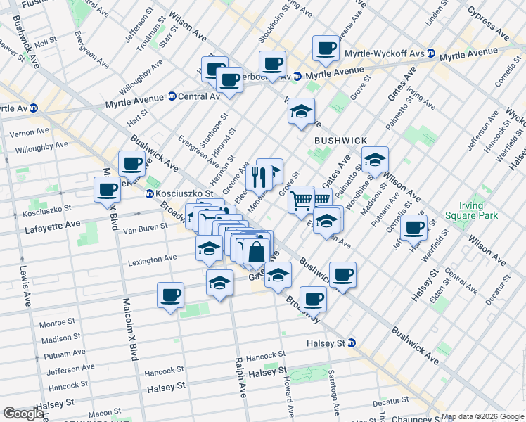 map of restaurants, bars, coffee shops, grocery stores, and more near 68 Grove Street in Brooklyn