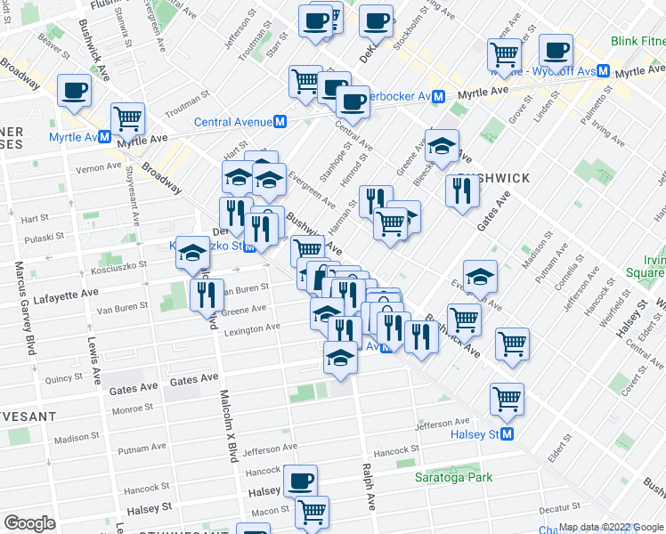 map of restaurants, bars, coffee shops, grocery stores, and more near 13 Goodwin Place in Brooklyn