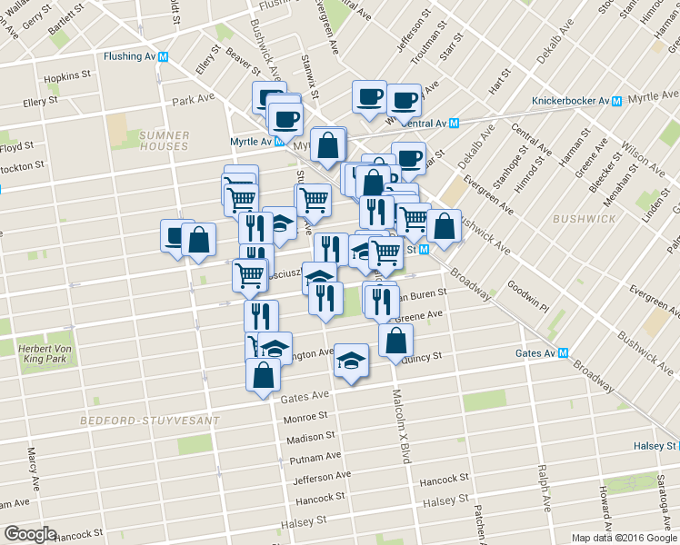 map of restaurants, bars, coffee shops, grocery stores, and more near 963 Lafayette Avenue in Brooklyn