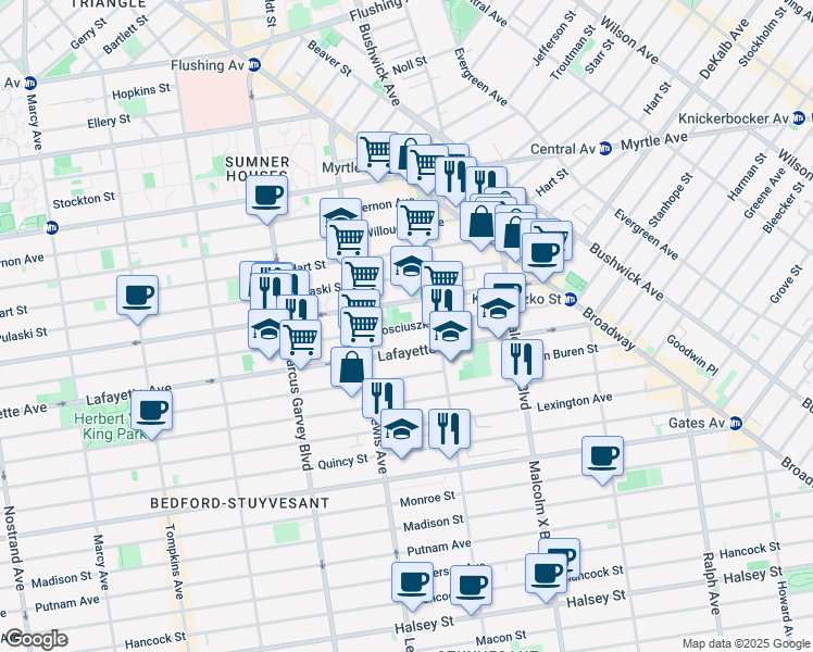 map of restaurants, bars, coffee shops, grocery stores, and more near 935 Lafayette Avenue in Brooklyn