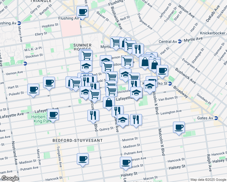 map of restaurants, bars, coffee shops, grocery stores, and more near 143 Lewis Avenue in Brooklyn
