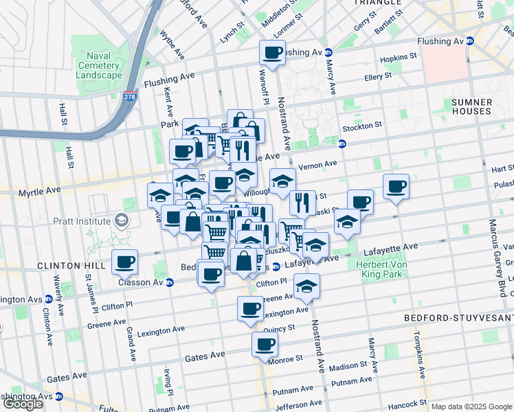 map of restaurants, bars, coffee shops, grocery stores, and more near 205 Spencer Street in Brooklyn