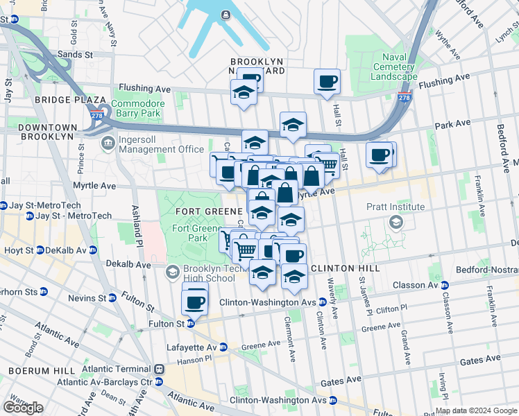 map of restaurants, bars, coffee shops, grocery stores, and more near 192 Clermont Avenue in Brooklyn
