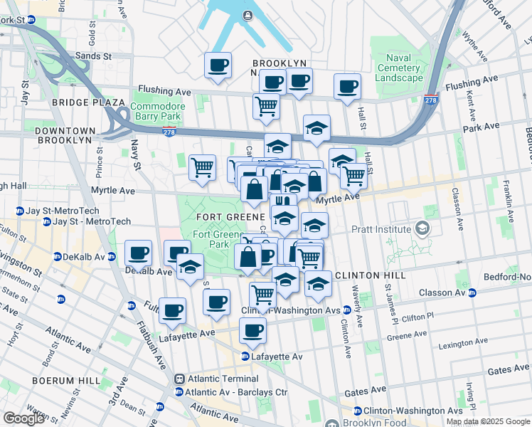 map of restaurants, bars, coffee shops, grocery stores, and more near 191 Carlton Avenue in Brooklyn