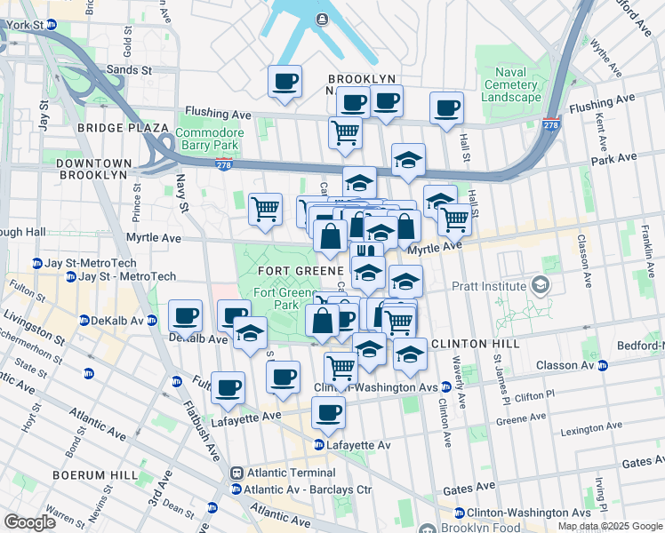 map of restaurants, bars, coffee shops, grocery stores, and more near 191 Carlton Avenue in Brooklyn