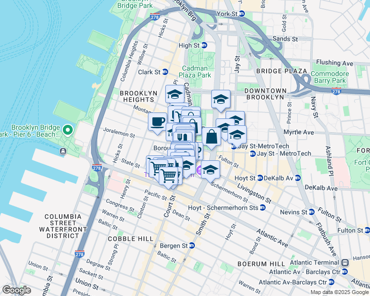 map of restaurants, bars, coffee shops, grocery stores, and more near 86 Court Street in Brooklyn