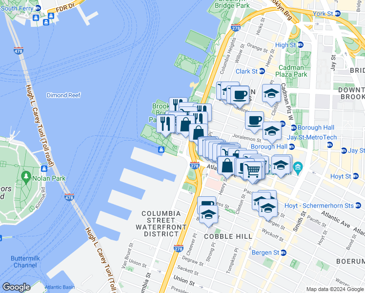 map of restaurants, bars, coffee shops, grocery stores, and more near 53 Atlantic Avenue in Brooklyn
