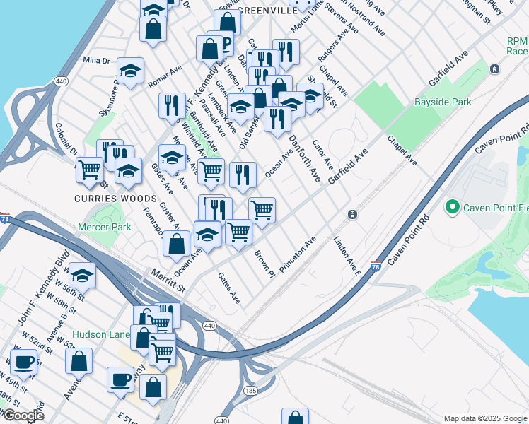 map of restaurants, bars, coffee shops, grocery stores, and more near 64 Winfield Avenue in Jersey City