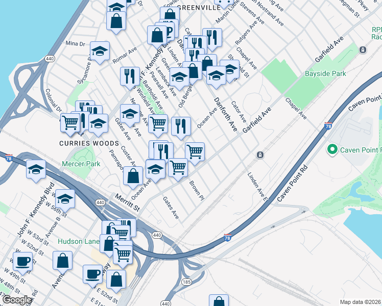 map of restaurants, bars, coffee shops, grocery stores, and more near 64 Winfield Avenue in Jersey City
