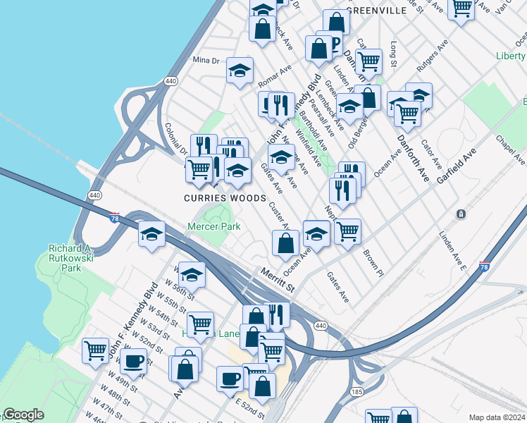 map of restaurants, bars, coffee shops, grocery stores, and more near 84 New Heckman Drive in Jersey City