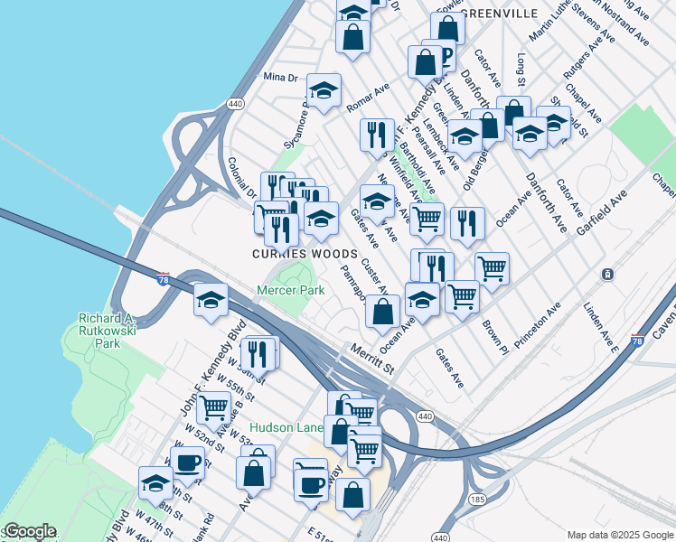 map of restaurants, bars, coffee shops, grocery stores, and more near 84 New Heckman Drive in Jersey City