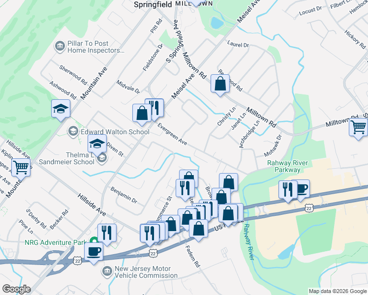 map of restaurants, bars, coffee shops, grocery stores, and more near 2 Bernadette Court in Springfield