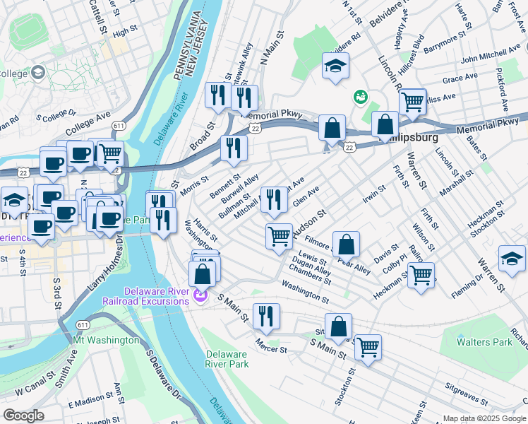 map of restaurants, bars, coffee shops, grocery stores, and more near 82 Filmore Street in Phillipsburg