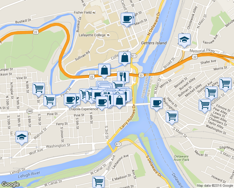 map of restaurants, bars, coffee shops, grocery stores, and more near 27 North 2nd Street in Easton