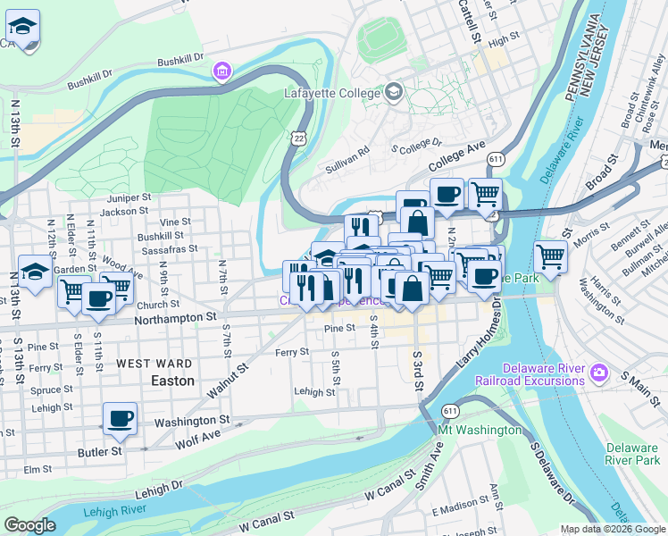 map of restaurants, bars, coffee shops, grocery stores, and more near 37 North 5th Street in Easton