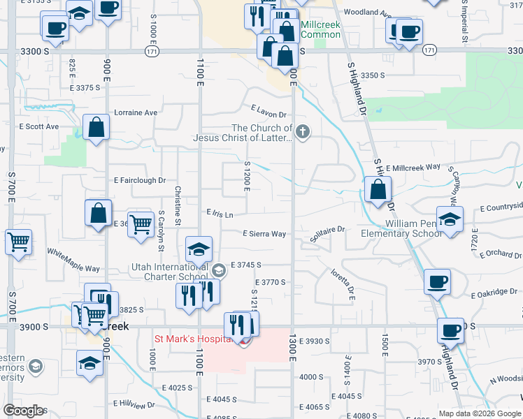map of restaurants, bars, coffee shops, grocery stores, and more near 1243 East Iris Lane in Millcreek