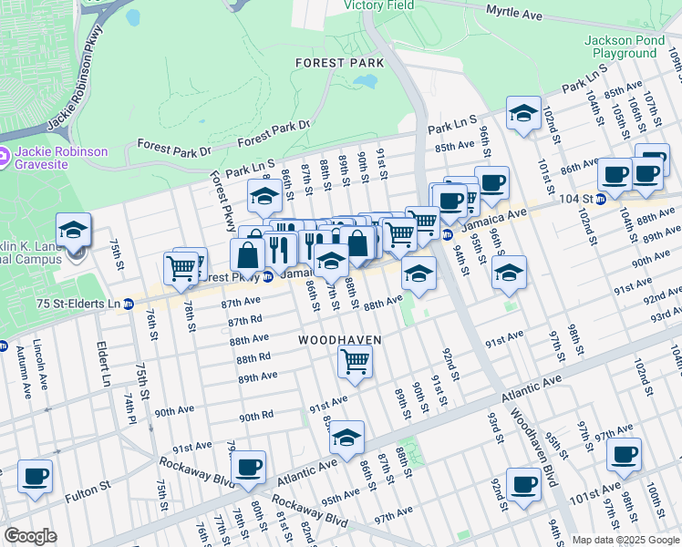 map of restaurants, bars, coffee shops, grocery stores, and more near 87-22 Jamaica Avenue in Queens