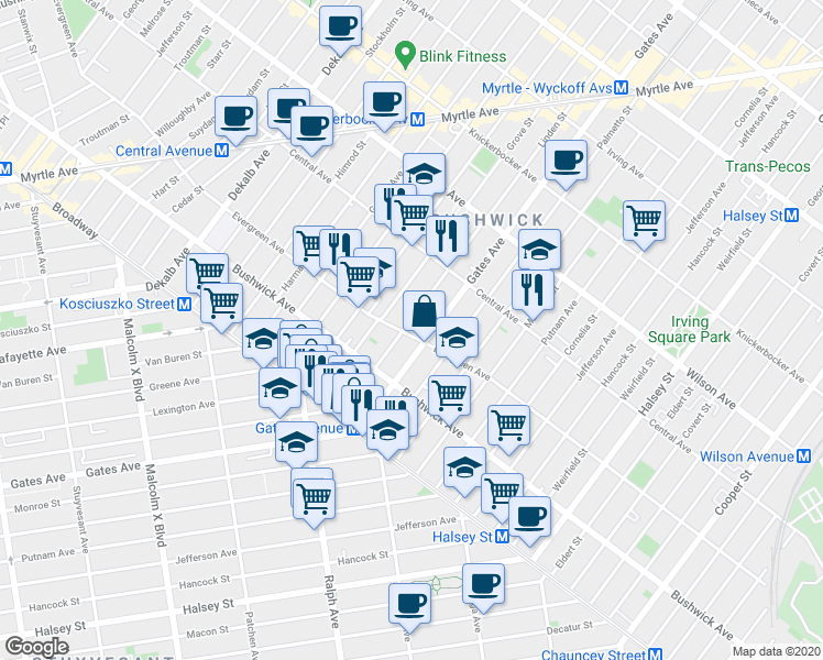 map of restaurants, bars, coffee shops, grocery stores, and more near 90 Linden Street in Brooklyn