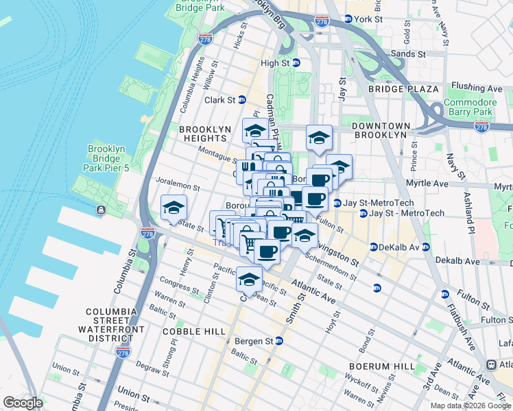 map of restaurants, bars, coffee shops, grocery stores, and more near 170 Joralemon Street in Brooklyn