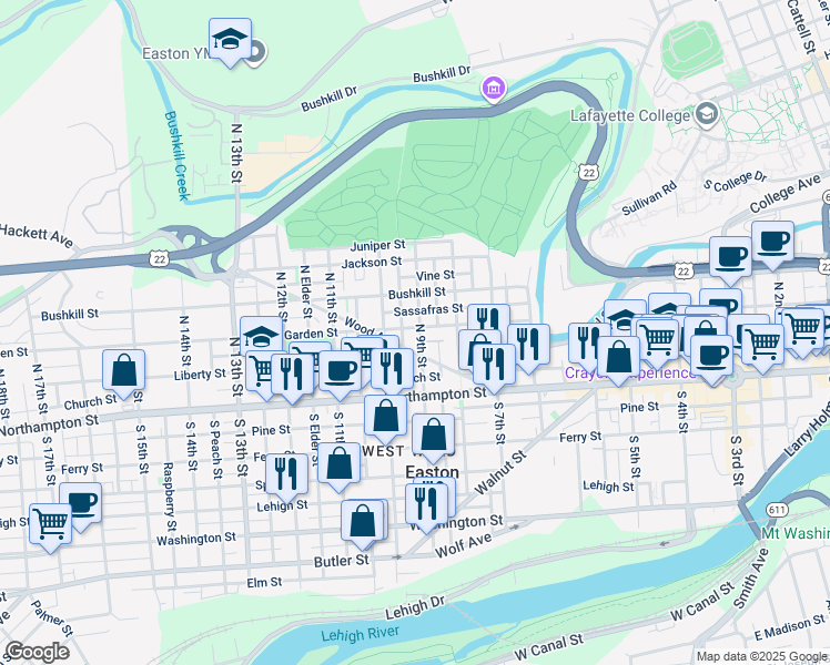 map of restaurants, bars, coffee shops, grocery stores, and more near 80 North 9th Street in Easton