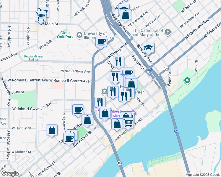 map of restaurants, bars, coffee shops, grocery stores, and more near 419 Fulton Street in Peoria