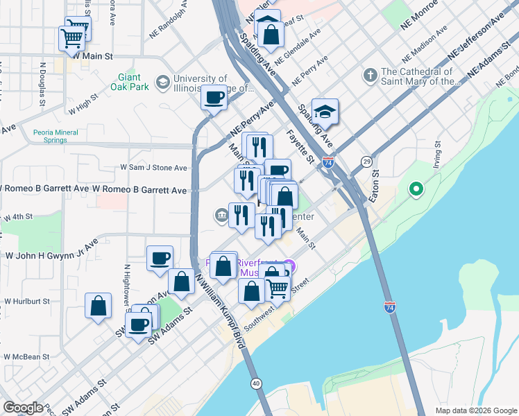 map of restaurants, bars, coffee shops, grocery stores, and more near 125 Southwest Jefferson Avenue in Peoria