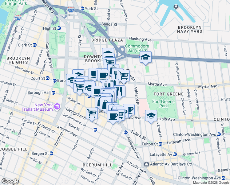 map of restaurants, bars, coffee shops, grocery stores, and more near 75 DeKalb Avenue in Brooklyn
