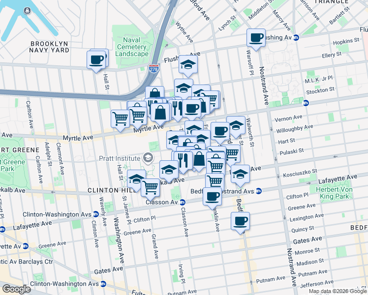 map of restaurants, bars, coffee shops, grocery stores, and more near Willoughby Ave & Taaffe Pl in Brooklyn