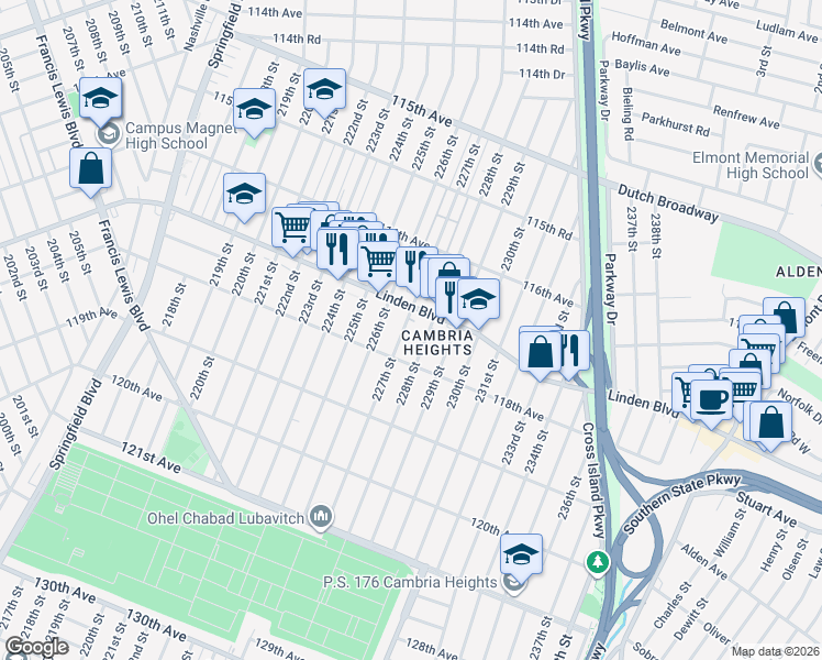 map of restaurants, bars, coffee shops, grocery stores, and more near 117-38 228th Street in Queens
