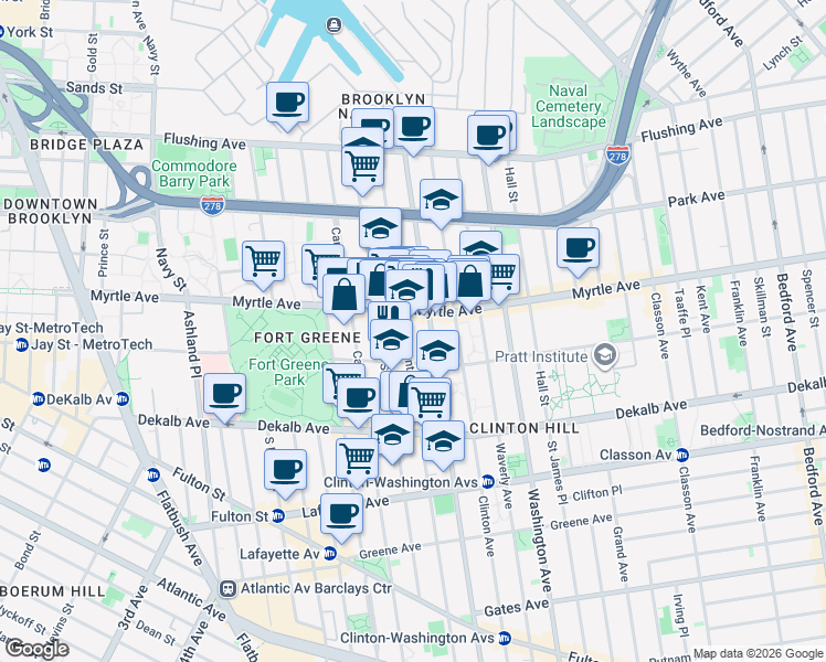 map of restaurants, bars, coffee shops, grocery stores, and more near 171 Clermont Avenue in Brooklyn
