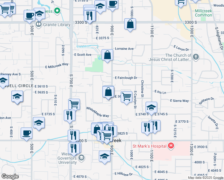 map of restaurants, bars, coffee shops, grocery stores, and more near 3631 900 East in Salt Lake City