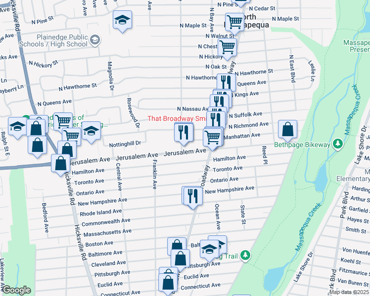map of restaurants, bars, coffee shops, grocery stores, and more near 184 Jerusalem Avenue in Massapequa