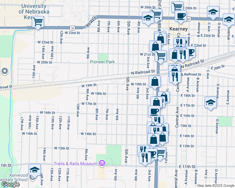 map of restaurants, bars, coffee shops, grocery stores, and more near 1800 6th Avenue in Kearney