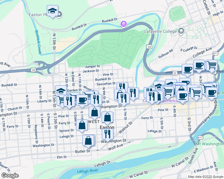 map of restaurants, bars, coffee shops, grocery stores, and more near 804 Spring Garden Street in Easton