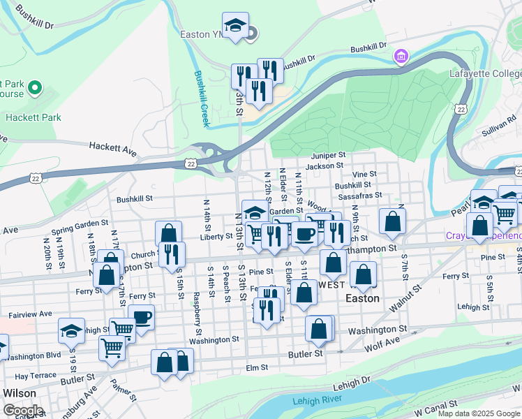 map of restaurants, bars, coffee shops, grocery stores, and more near 1213 Spring Garden Street in Easton