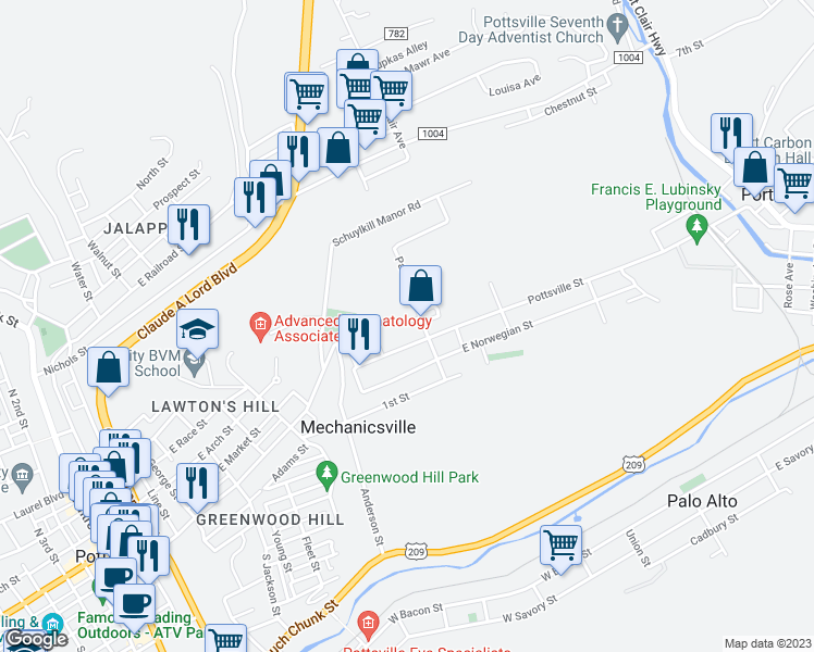 map of restaurants, bars, coffee shops, grocery stores, and more near 941 Port Carbon Street in Pottsville