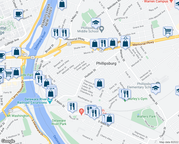 map of restaurants, bars, coffee shops, grocery stores, and more near 207 Hudson Street in Phillipsburg