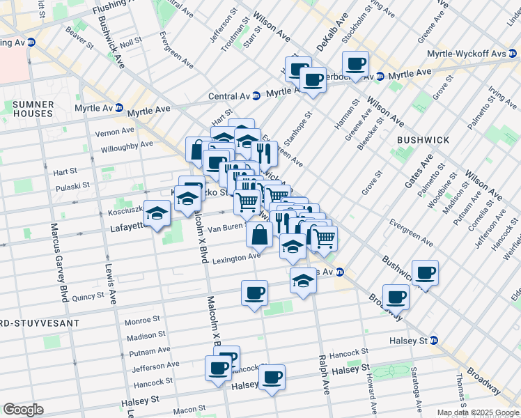 map of restaurants, bars, coffee shops, grocery stores, and more near 1164 Broadway in Brooklyn