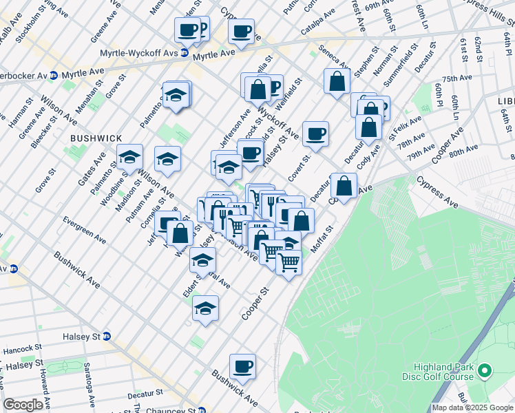 map of restaurants, bars, coffee shops, grocery stores, and more near 300 Eldert Street in Brooklyn