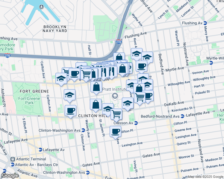 map of restaurants, bars, coffee shops, grocery stores, and more near 215 Willoughby Avenue in Brooklyn